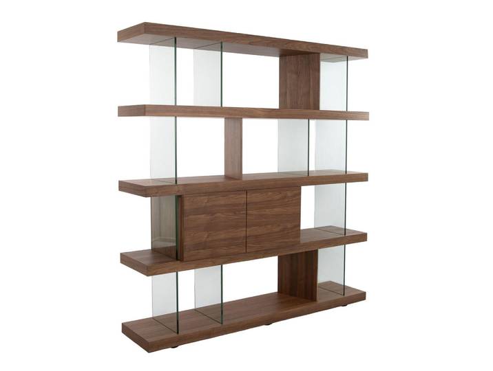 Angel Cerda Regal aus Nussbaumfurnier und gehärtetem Glas, Modell 3072, Transparent, Walnussfarben, Holzwerkstoff, Nachbildung,Nussbaum, Essen/Getränk, Rechteckig,Rechteckig, 180x190x38 cm, Wohnzimmer, Regal, Bücherregale