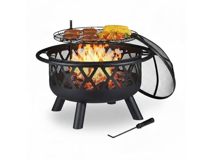 Relaxdays Brasero avec Grillage\, avec Protection étincelles & tisonnier\, terrasse\, D 75 cm\, Jardin et terrasse\, Noir