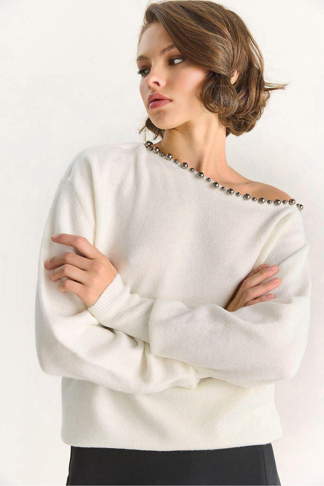 Asymmetrische Kraag Accessoire Gedetailleerde Gebreide Trui