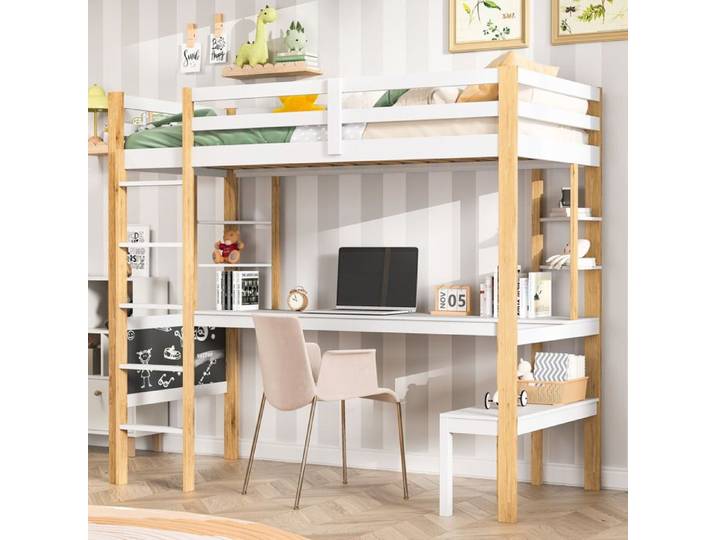 Lit mezzanine enfant 90 x 200cm - Lit superpose Cadre de lit 1 place avec bureau et Barrière - Sommier inclus - Bois de Pin -