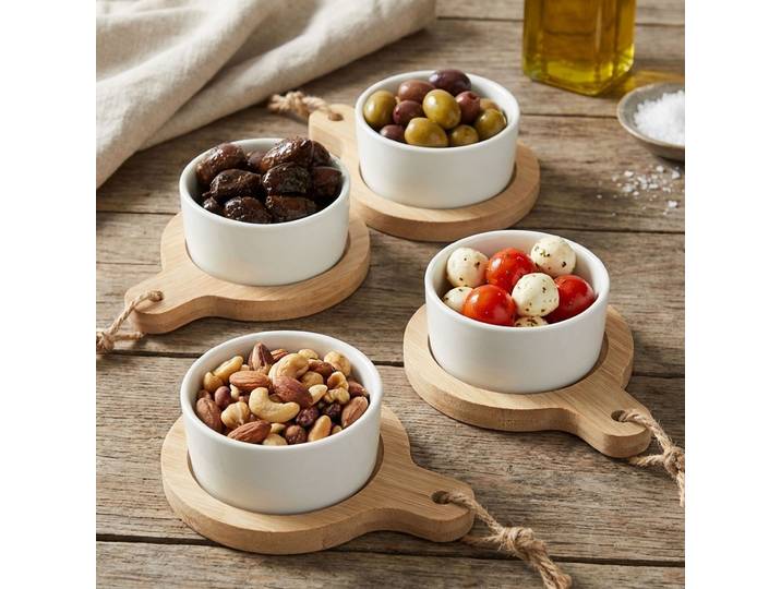 4er-Set Bambus-Bowls, Tapas-Schalen aus Keramik auf Servierbrett, Ø 7,5 x H 9 cm