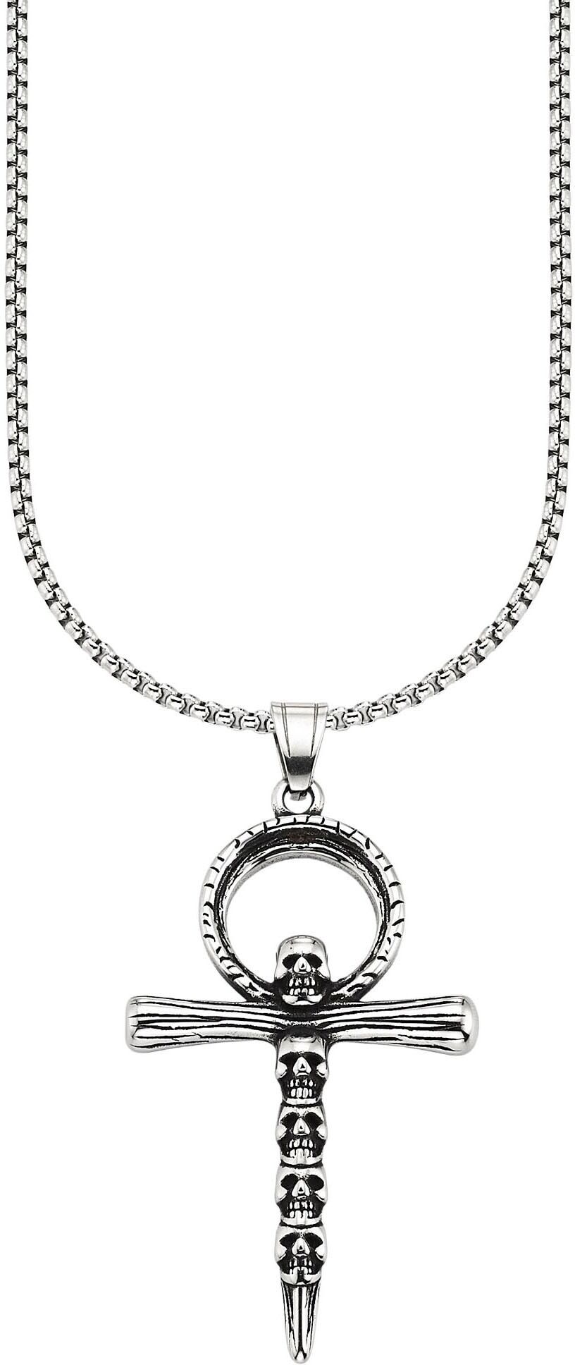 Kette mit Anhänger BRUNO BANANI "Schmuck Geschenk Halsschmuck Anhänger Kreuz mit Totenköpfe-Design", schwarz (edelstahlfarben, schwarz), Halsketten, Damen, Edelstahl, L: 55 B: 2,8mm, Kette mit Anhänger, B:2,8mm edelstahlfarben, schwarz Edelstahl, L: 55 B: