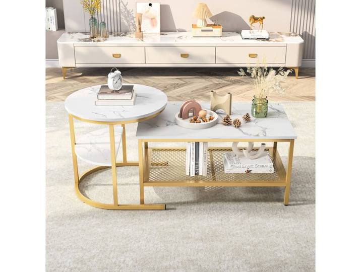 Table basse gigogne lot de 2 – effet marbre métal doré rangement salon