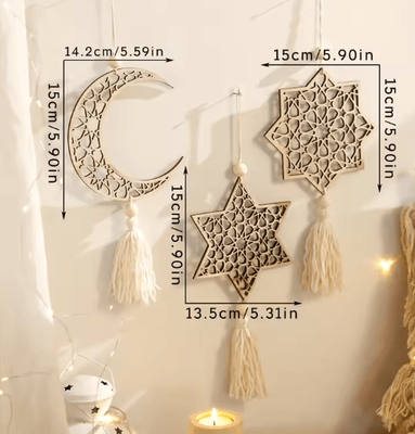 Uplift Curations Wooden Ramadan Moon Tassel Ornaments Eid Mubarak Hanging Decor Set 3pcs Set