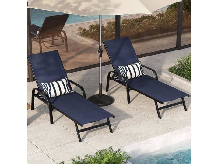 Lot de 2 Transats Pliables - Allongeur Jardin avec Dossier Réglable - Structure Acier Bleu Foncé