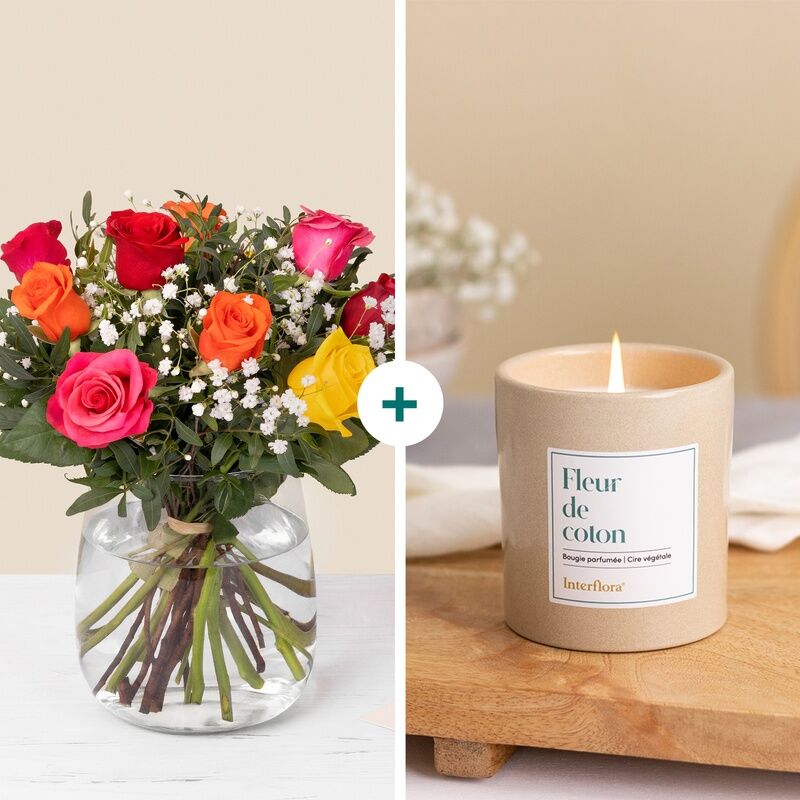 Bouquet de roses multicolores et bougie parfumée - Interflora