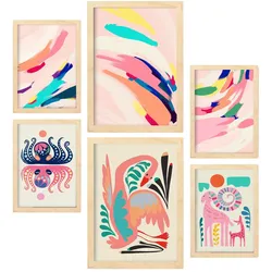 POSTER Set Mit 6 Prominente Kunst 1 In Tiere Zusammenfassungen A3 & A4 Rahmen Aus Hellem Holz