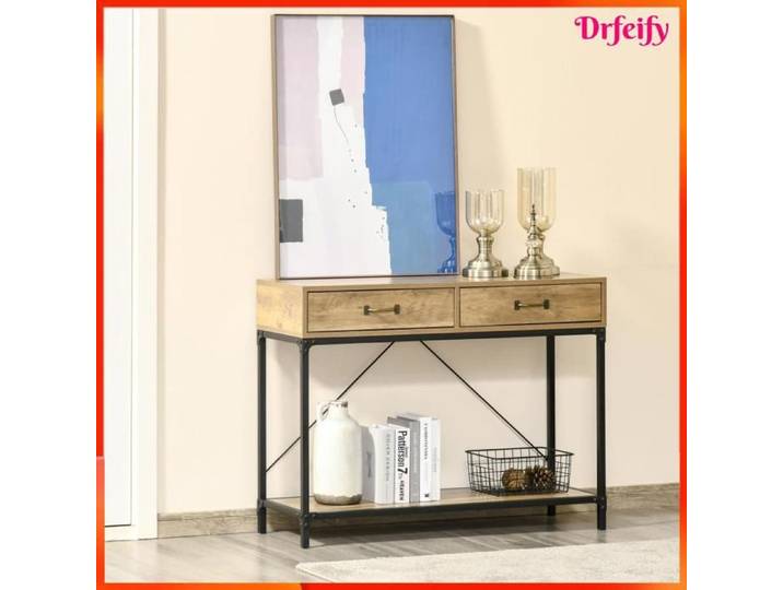 Table console - AKOZON - 7528 - 2 tiroirs - Plateau & étagère aspect bois - Style industriel noir