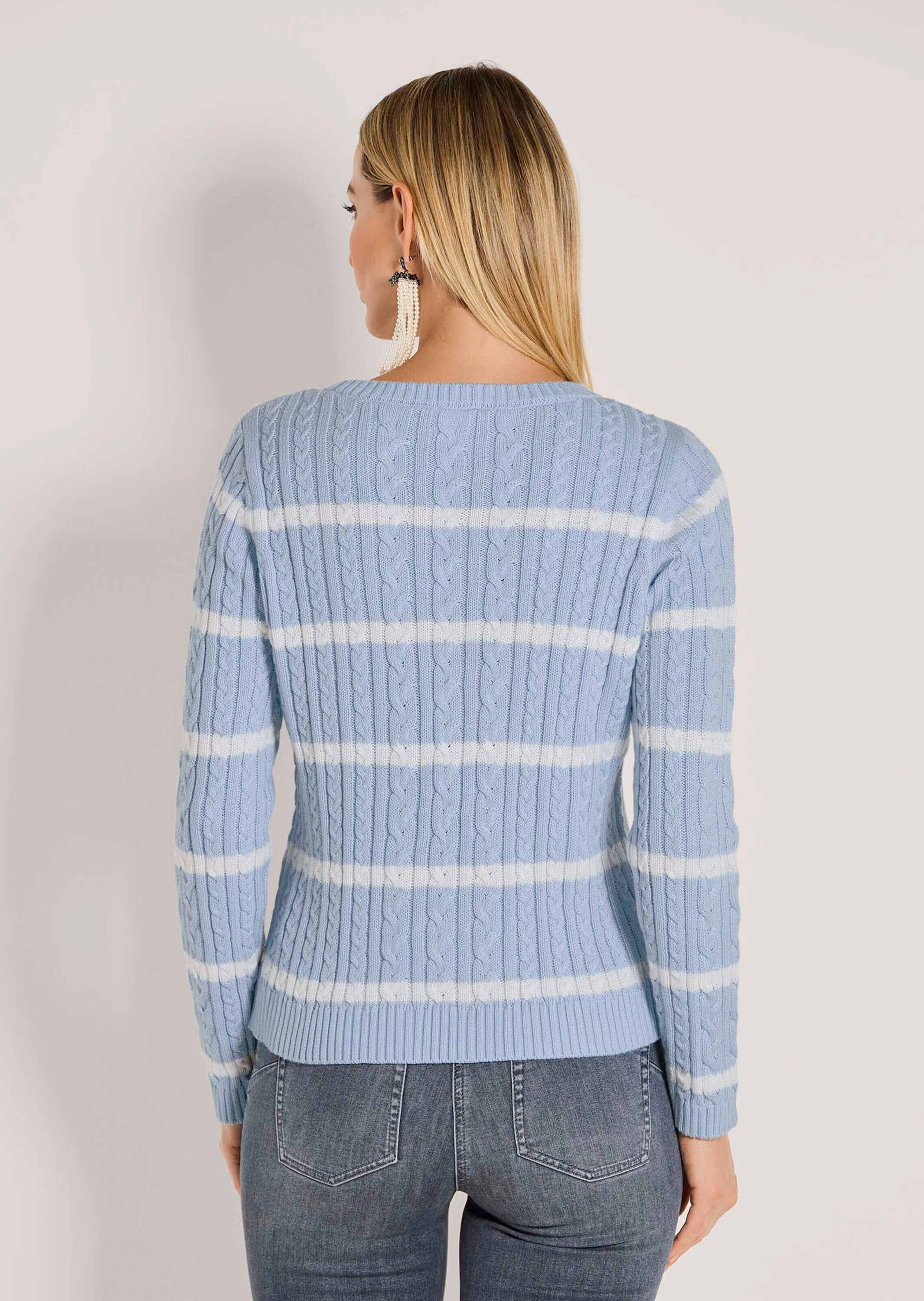 Longpullover MADELEINE "Strickpullover Moderner Baumwollpullover mit Zopfmuster und Ringel-Design", Damen, Gr. 44/46, weiß (bleu, wollweiß), Obermaterial: 100% Baumwolle CO., Modern, Pullover Longpullover, Kontraststreifen