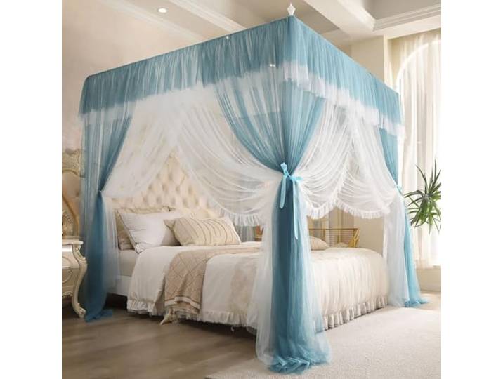 LUOZIQINX Prinzessin Moskitonetz Bett, LuxuriöSe Betthimmel aus Mesh & Stoff, Doppelschichtiges Baldachin für Die Schlafzimmerdekoration,Blau,180x200x210cm