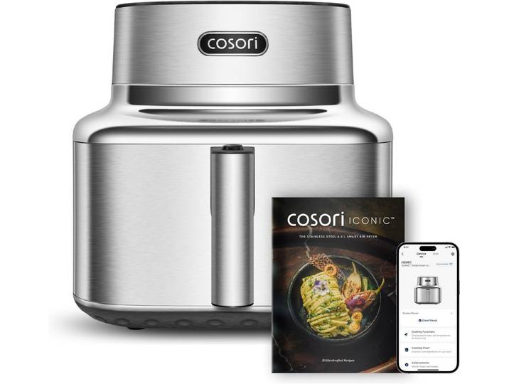 Cosori Heißluftfritteuse COSORI ICONIC Single Heißluftfritteuse CAF-SE601S-CEU, 6,2 L, Edelstahl, PFAS-freier Garraum, Touch-Panel, 1725 W