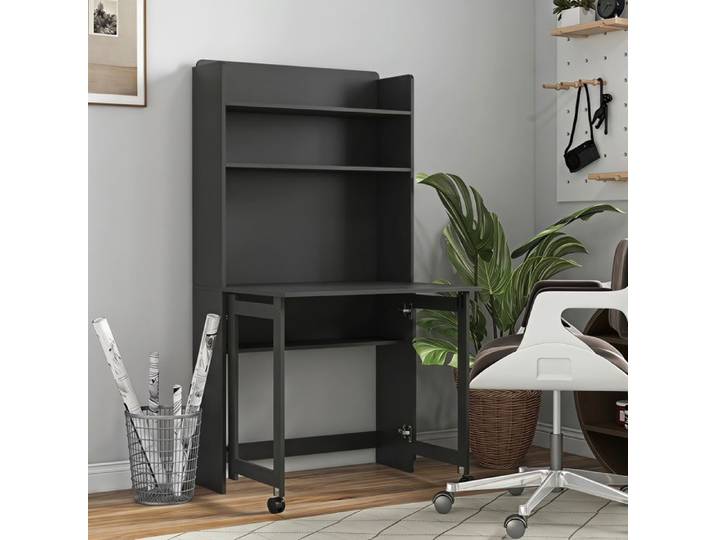 Bureau Informatique avec Étagères de Rangement Plateau Rabattable 2 Roulettes pour Chambre Salon 80x69x155cm Noir