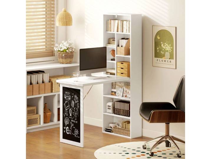 Bureau Mural Pliable Table Murale Rabattable Suspendue sur Pied avec bibliothèque Tableau à Craie intégré Panneaux Particules Blanc