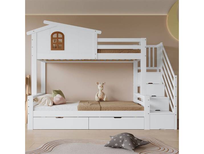 Lit superposé - Modèle enfant - 90x200/120x200 - 2 tiroirs - armoire d'angle