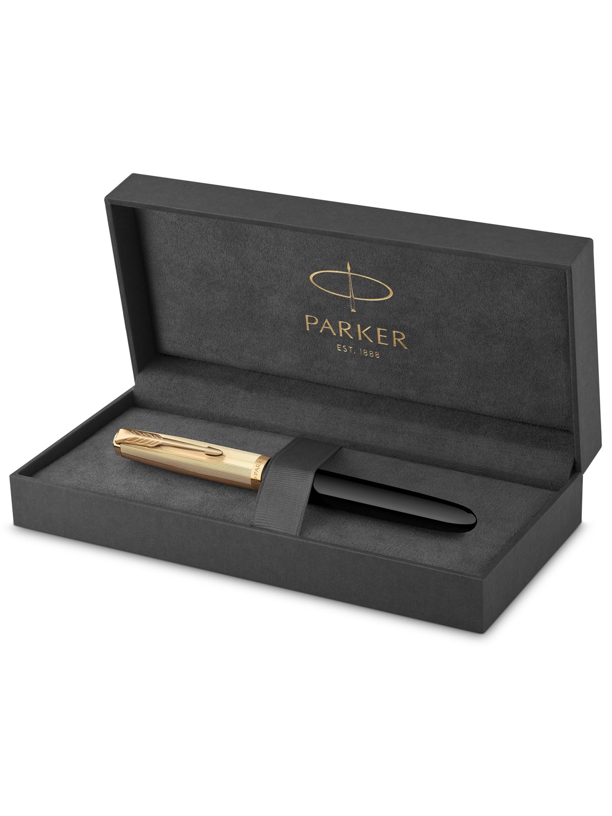 Parker 51 Füller | Luxuriöser Schwarzer Schaft mit Goldzierteilen | Federstärke F in 18k Gold mit schwarzer Tintenpatrone | Geschenkbox