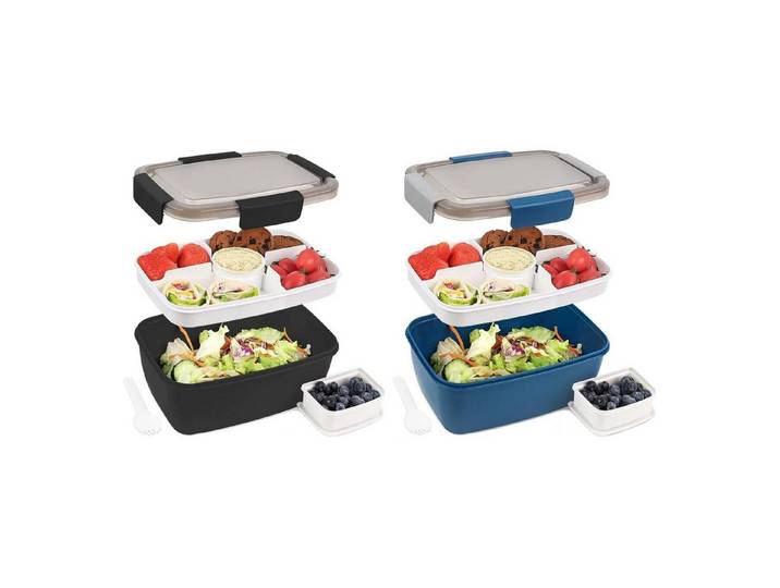 LuxusKollektion Lunchbox Lunchbox auslaufsicher Bento Fächer Salatbox 2000ml 2set blau Schwarz, Kunststoff