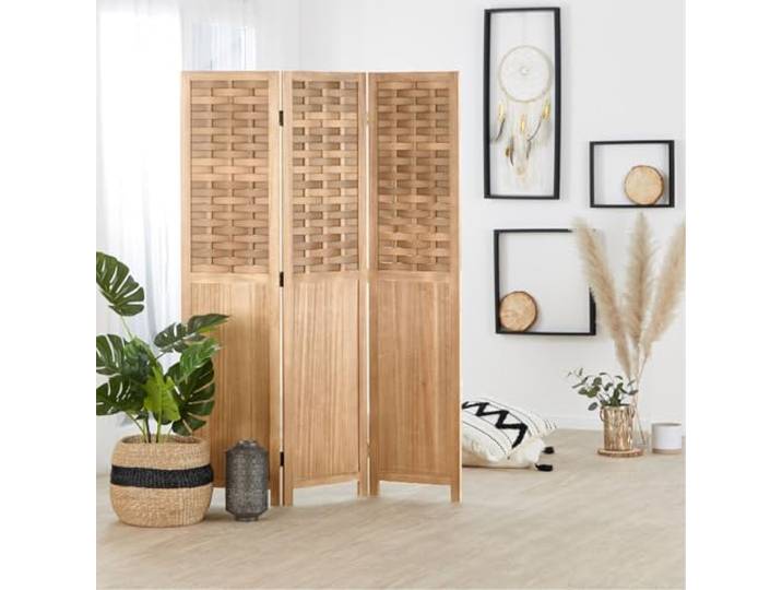 Homestyle4u Paravent Raumteiler Rattan Optik Holz 3 teilig, 170cm hoch Trennwand Sichtschutz Hell Braun 170x120 cm