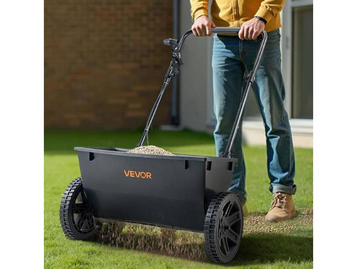 Épandeur manuel à pousser, capacité de 50 lb, épandeur à grille, largeur d'épandage de 18 po et 30 réglages, pneus tout-terrain de 10 po, épandeurs de jardin et de pelouse pour semences, engrais, sel