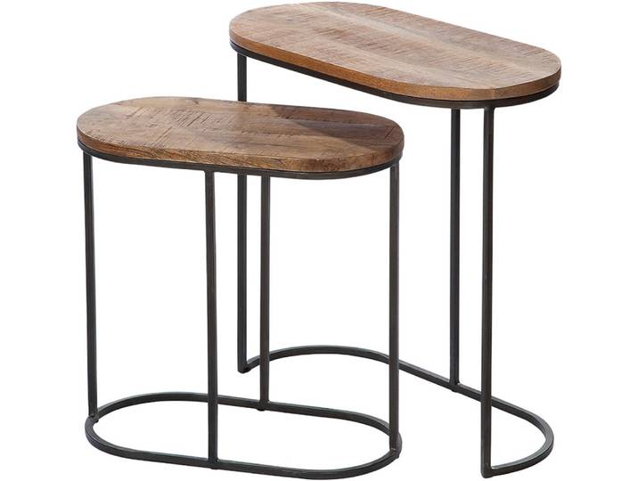 Beistelltisch GILDE 2er Set Beistelltisch oval Camara , braun (naturfarben, schwarz, schwarz, natur), B:30cm H:60cm T:60cm, 50% Mangoholz; 50% Eisen, Tische, Beistelltisch, Wohnzimmer, Ablagetisch, Sofatisch, Beistellmöbel, Interior