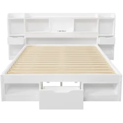 MODFU Plattformbettgestell MDF/Sperrholz Weiß 222x210x85 cm mit Stauraum und LED-Beleuchtung