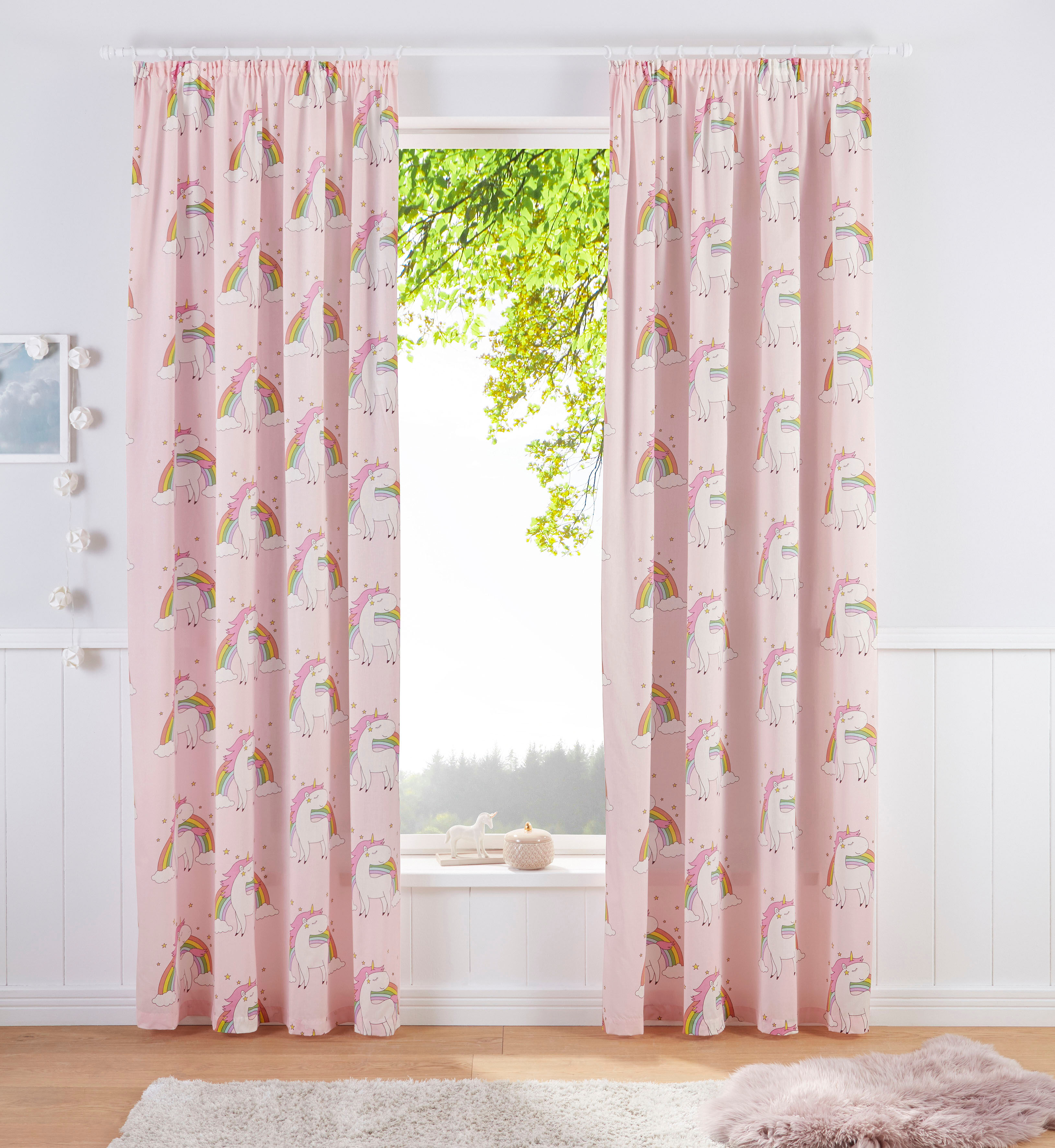 Gardine GOODPRODUCT "EINHORN, 1 Stück, Kräuselband, halbtransparent, bedruckt" Gr. 1, pink, B:135cm H:145cm, Baumwolle, Polyester, Gardinen, Gardine, Kindergardine, bedruckt, halbtransparent, Einhörner, Regenbogen pink 145cm, Kräuselband, 135cm