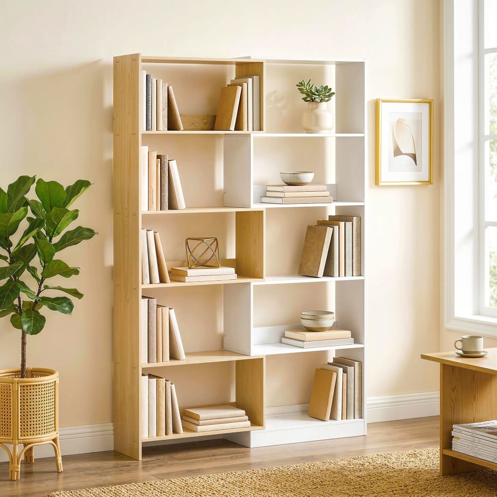 Homcom Bibliothèque d'angle rotative 350° à 5 niveaux bois chêne et blanc Multicolore 112x164x24cm