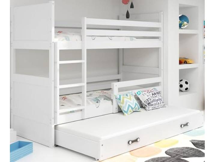 Interbeds Etagenbett für 3 Kinder Stockbett Hochbett 200x90 cm Holzbett Kiefernholz Kinderbett zusätzlicher Schlafplatz in der Schublade Jugenbett mit Lattenrost und Rausfallschutz