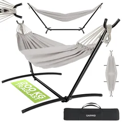 GARMIO® Hängematte beige mit Stahlgestell 270 x 110 x 105 cm, 200 kg Tragkraft, klappbar, pflegeleicht, inkl. Zubehör & Tragetasche für Garten & Balkon