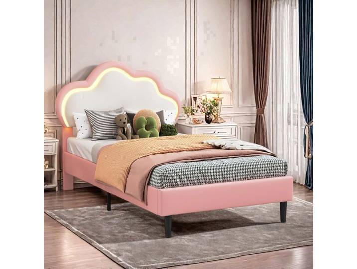 Lit enfant 90x200 - structure de lit - lit simple 90x200 cm - cadre de lit 90x200 - lit 1 place - sommier - LED - en PU - rose
