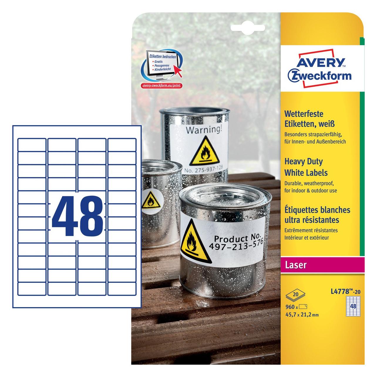 Avery Weisse Polyester-Etiketten - für Laserdrucker - 45,7 x 21,2 mm (L4778-20)