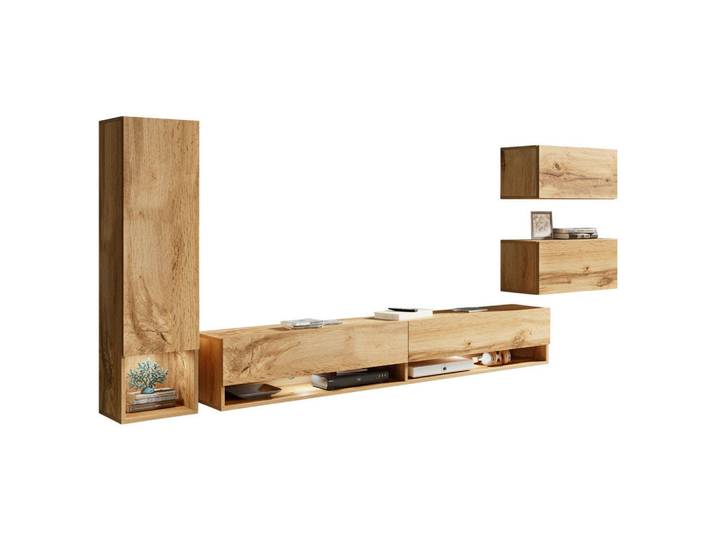 P & B Wohnwand Amadeo, Eiche Wotan, 4-teilig, 5,1,1 Fächer, kaltweiß, 270x130x32.5 cm, Fsc, Made in EU, hängend, Beleuchtung, Wohnzimmer, Wohnwände, Anbauwände