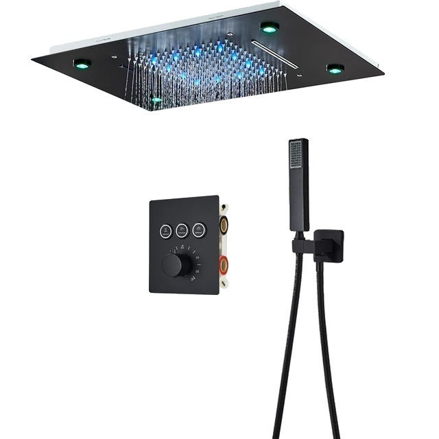 Duscharmatur, Thermostatsteuerung, LED-Duschkopf, Mattschwarzes Set
