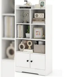 COSTWAY Mehrzweckregal mit Türen, kleines Bücherregal mit 5 Ablagefächern und 2 Schränken, freistehende Vitrine weiß