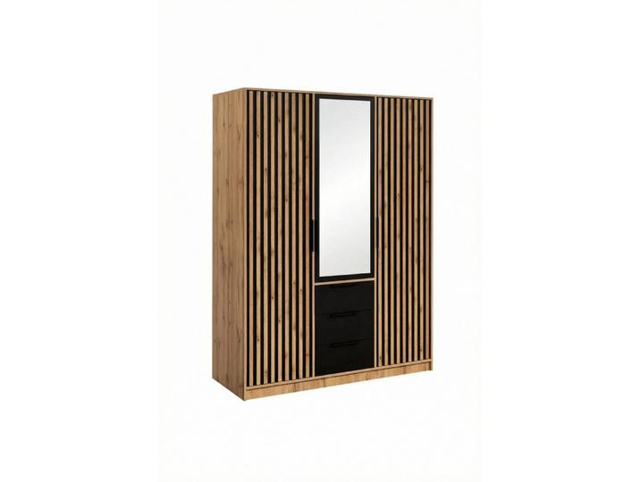 COMBO Schiebetürenschrank Kleiderschrank 3-türig 150x200x57cm Spiegel Wellington Eiche Schwarz Drehtürenschrank Lamellen 2 Kleiderstangen Schubladen Regalfächer