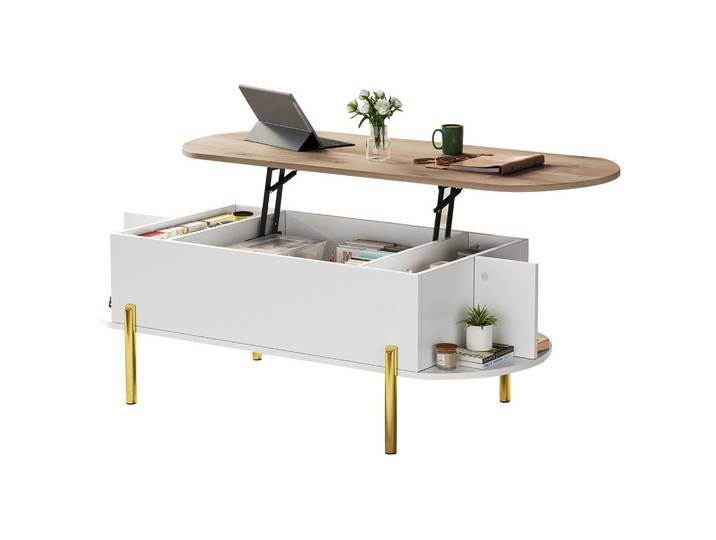 Okwish Couchtisch 120/50/43 cm mit höhenverstellbarer Platte in Weiß und Holzfarbe mit verstecktem Stauraum, 50x43x120 cm, Wohnzimmer, Wohnzimmertische, Couchtische