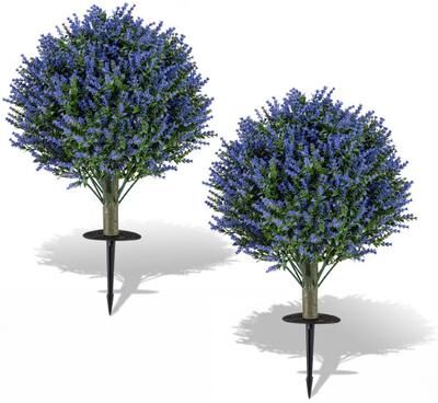 Costway Set of 2 Artificial Lavender Topiary Ball Trees with Ground Spikes