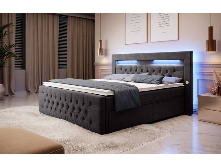 Boxspringbett Sunshine mit indirekter Beleuchtung, USB und Stauraum - 160x200 - Grau - H4 (100kg+) - Luxusbetten24