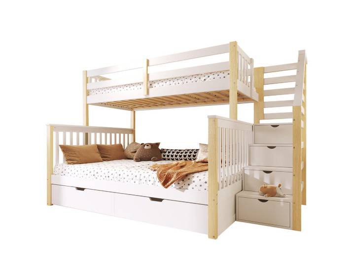 Gisaae Hochbett 90x200 über 140x200 Etagenbett mit Schubladen Massivholz, Weiß, Schlafzimmer, Betten