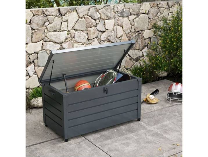 Coffre De Rangement Extérieur Métal Gris Foncé Coffre De Jardin FloraGrace Pour Jardin Avec 4 Roulettes 120x62x66cm