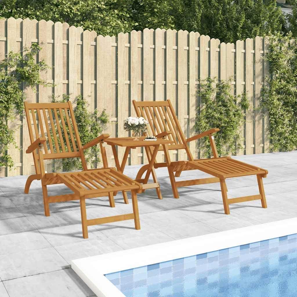 Liegestühle aus massivem Akazienholz mit verstellbarer Rückenlehne und Fußteil, einschließlich klappbarem Tisch - klappbare Gartenliegen für Terrasse, Hof und Garten, bis 110 kg belastbar