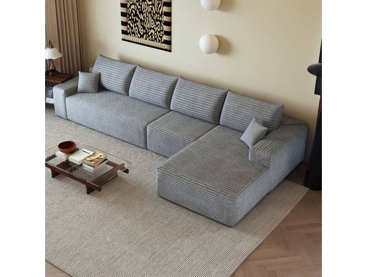 ELVORIN Canapé d'angle modulable 4 places 270 x 175 x 83 cm chaise longue réversible tissu velours côtelé gris sans montage