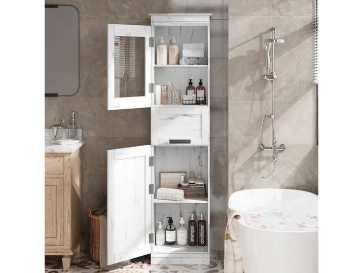 Armoire de salle de bain haute 170 cm – 2 portes – Tiroir vitré basculant – Étagères réglables Meuble de rangement Blanc