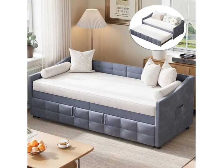 Canapé-lit 2 en 1 - LUMINARIX - Lit gigogne 90/180x200 cm - Velours gris - Confortable et modulable