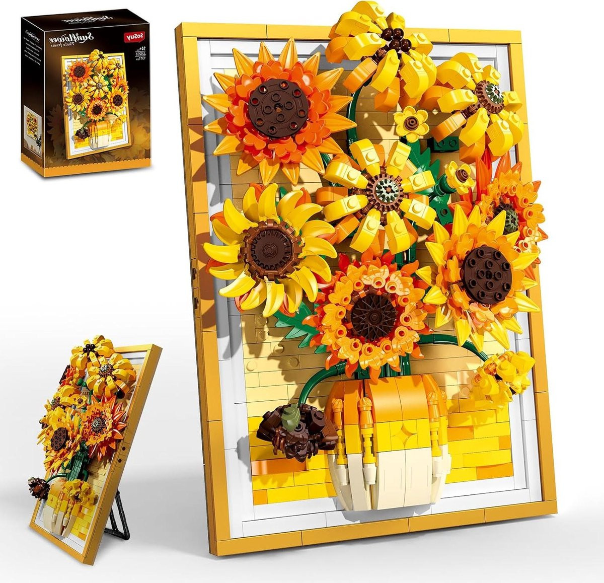 Zonnebloem Bouwstenen Bloemen Muurdecoratie Geel - Creatief 2-in-1 Kunstwerk voor Volwassenen