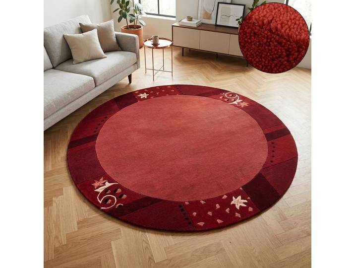 Wollteppich THEKO Royal Ganges , rot, H:13mm Ø:150cm, Viskose, Wolle, Teppiche, Wollteppich, 95% Wolle, mit Bordüre, auch in rund, Wohnzimmer, Schlafzimmer