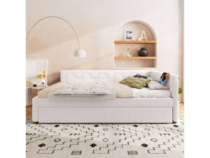 Lit banquette Canapé-lit avec sommier à lattes (sans matelas) Blanc 140*200cm lit banquette Avec lampe de chevet