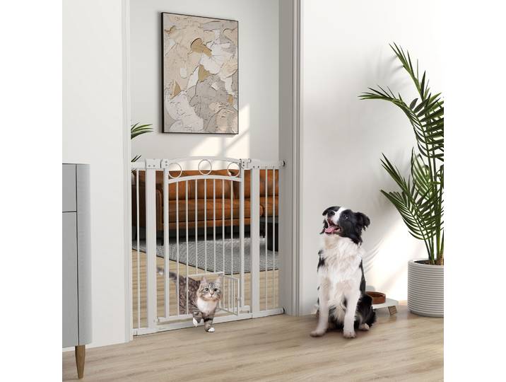 PawHut Barrière Escalier 96cm Ajustable 76-104cm avec Porte Chat Blanc