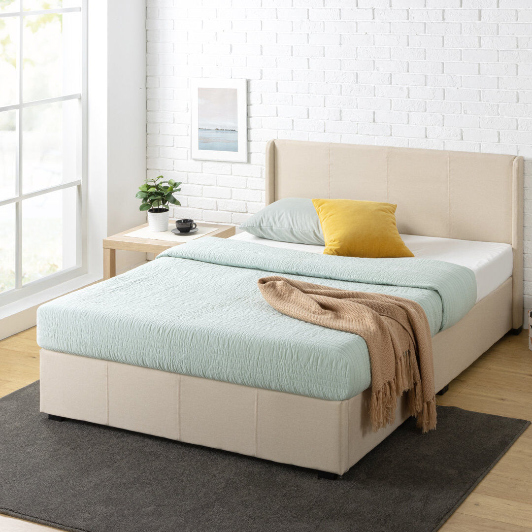 Hashtag Home Estella Upholstered Bed Frame with Headboard, Ottoman Under-bed Storage Beige Kingsize (5')