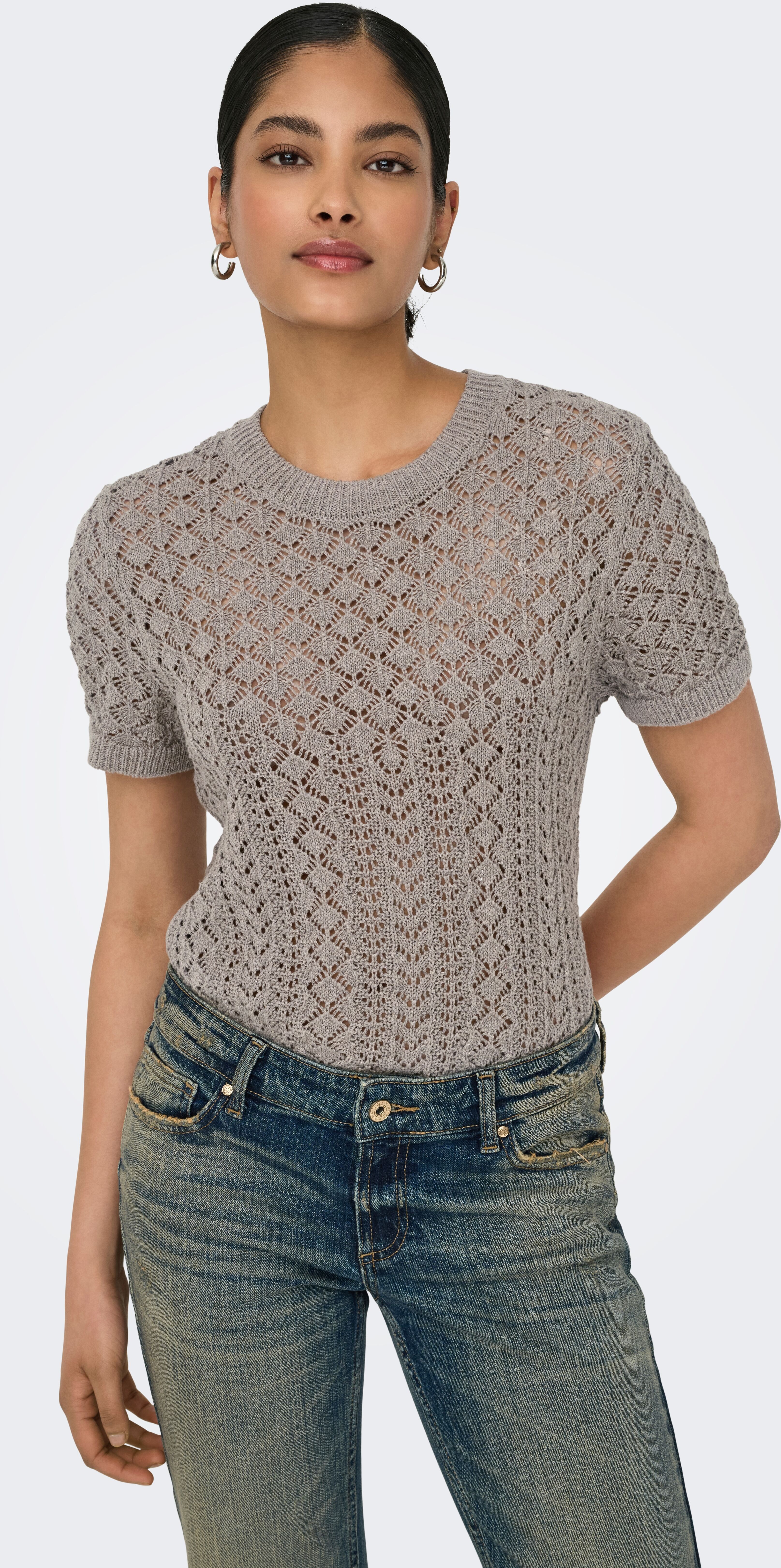 Kurzarmpullover ONLY "ONLSAGA LIFE SS O-NECK KNT NOOS", Damen, Gr. M, grau (fungi), Strick, Obermaterial: 70% Baumwolle, 30% Polyester, unifarben, regular fit normal, Rundhals, Pullover Kurzarmpullover, Baumwollmischung, regular fit fungi M