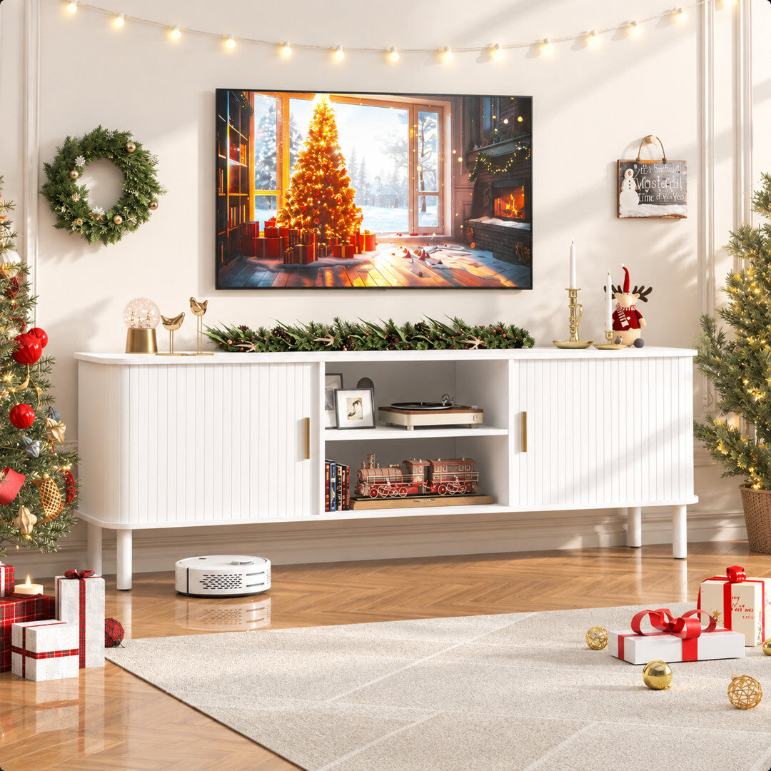 Blue Elephant Modern White TV Stand with Sliding Doors & Open Storage Shelves White 85"